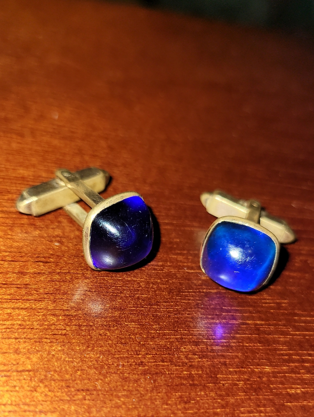 1950's. Cobalt Blue Glass. Gold- Toned Cuff-links. Signed ANSON.
